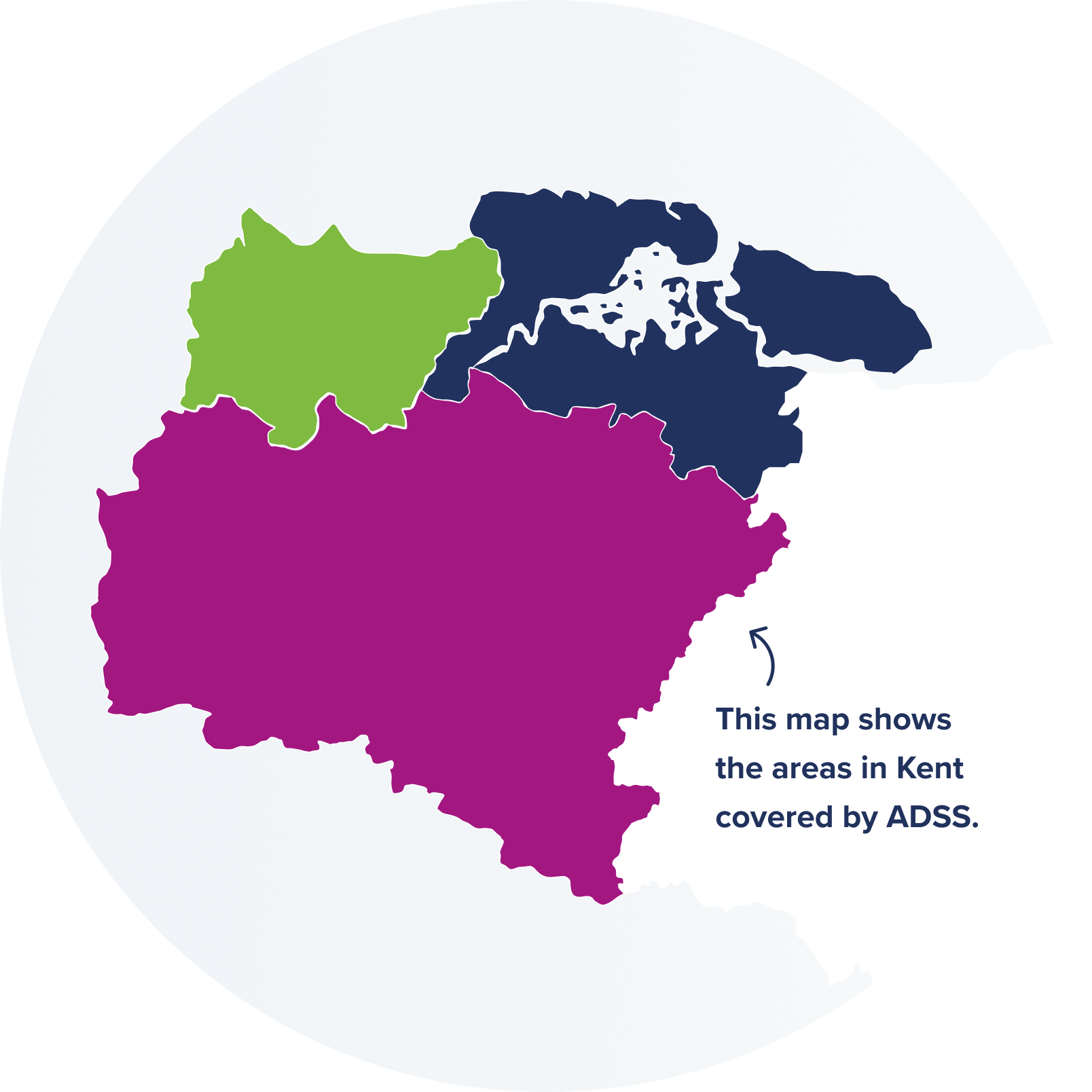 map of kent that is colour coded with the following colours green, navy blue and magenta